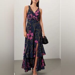 Slate & Willow Navy and Pink Tiered Skirt Wrap Dress